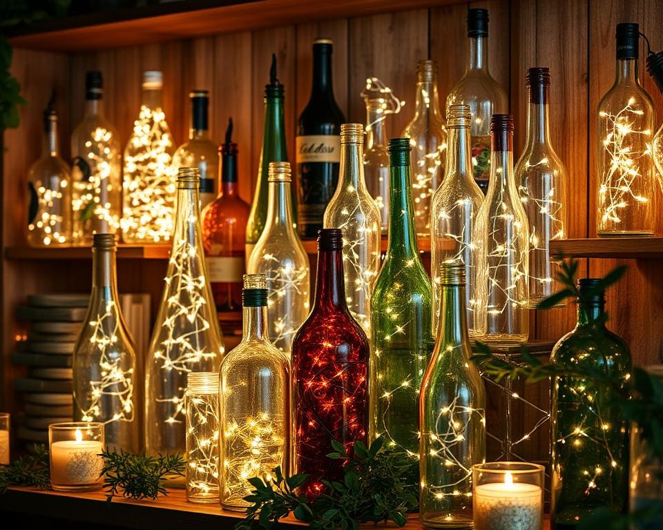 Decoratieve flessen met lichtjes voor sfeer