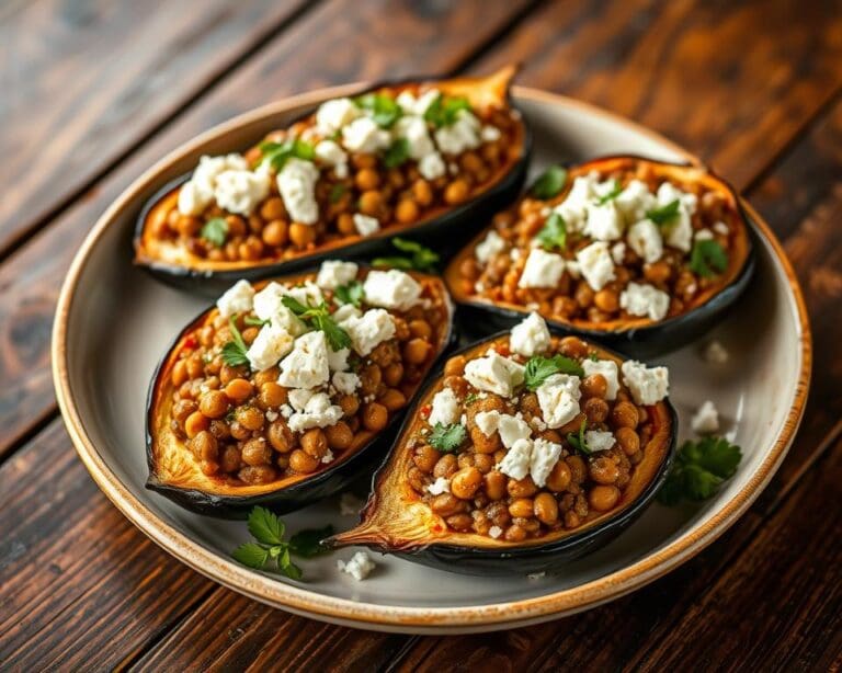 Gevulde aubergines met linzen en feta