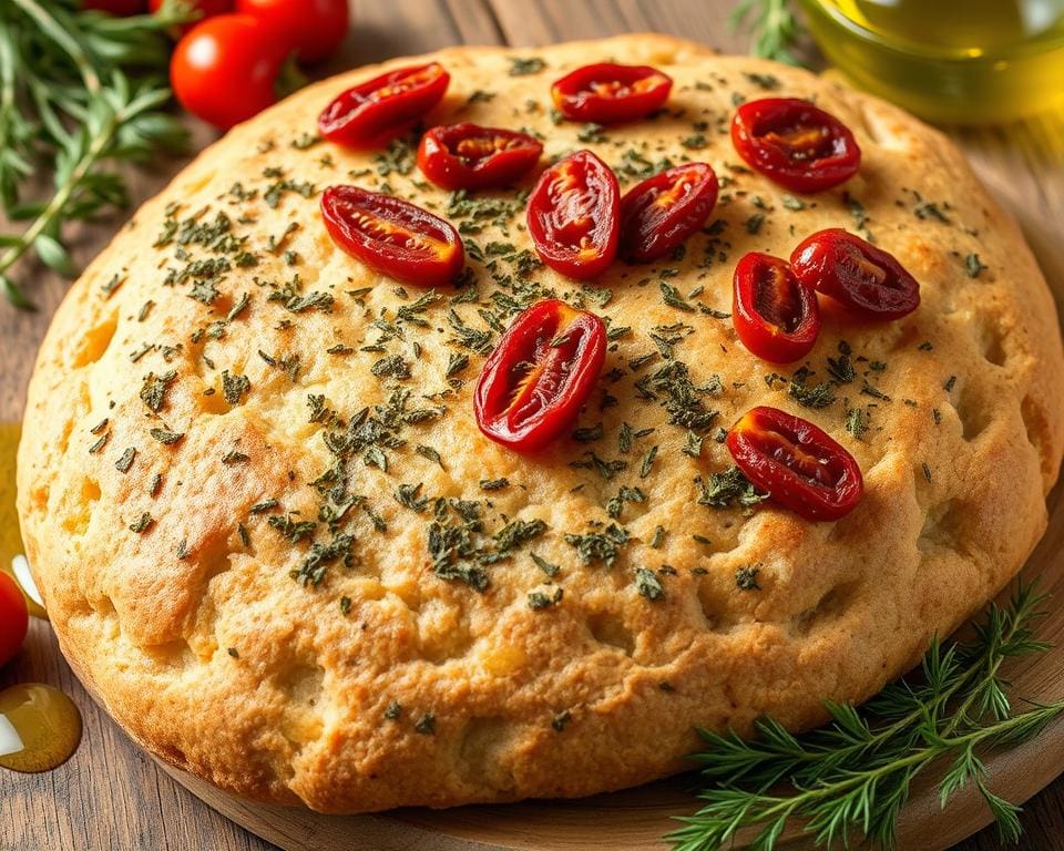 Volkoren focaccia met oregano en zongedroogde tomaatjes